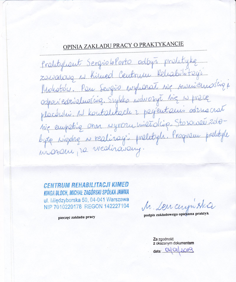 Referencja od kliniki NFZ